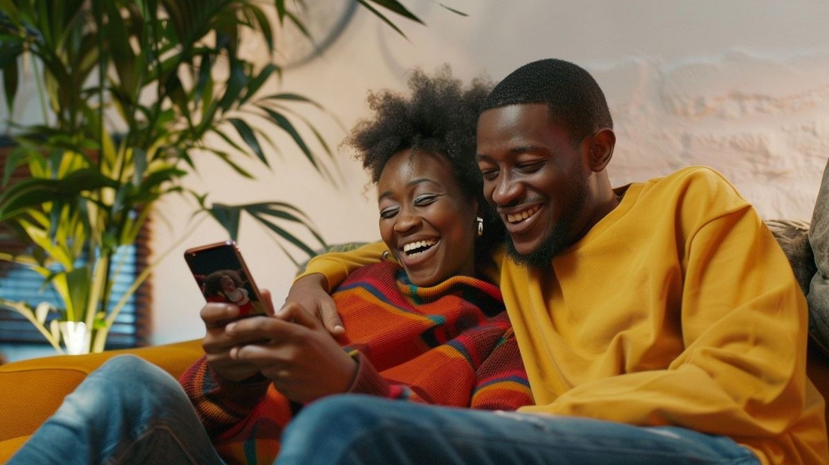 Two happy Vtutopia users smiling together with the platform